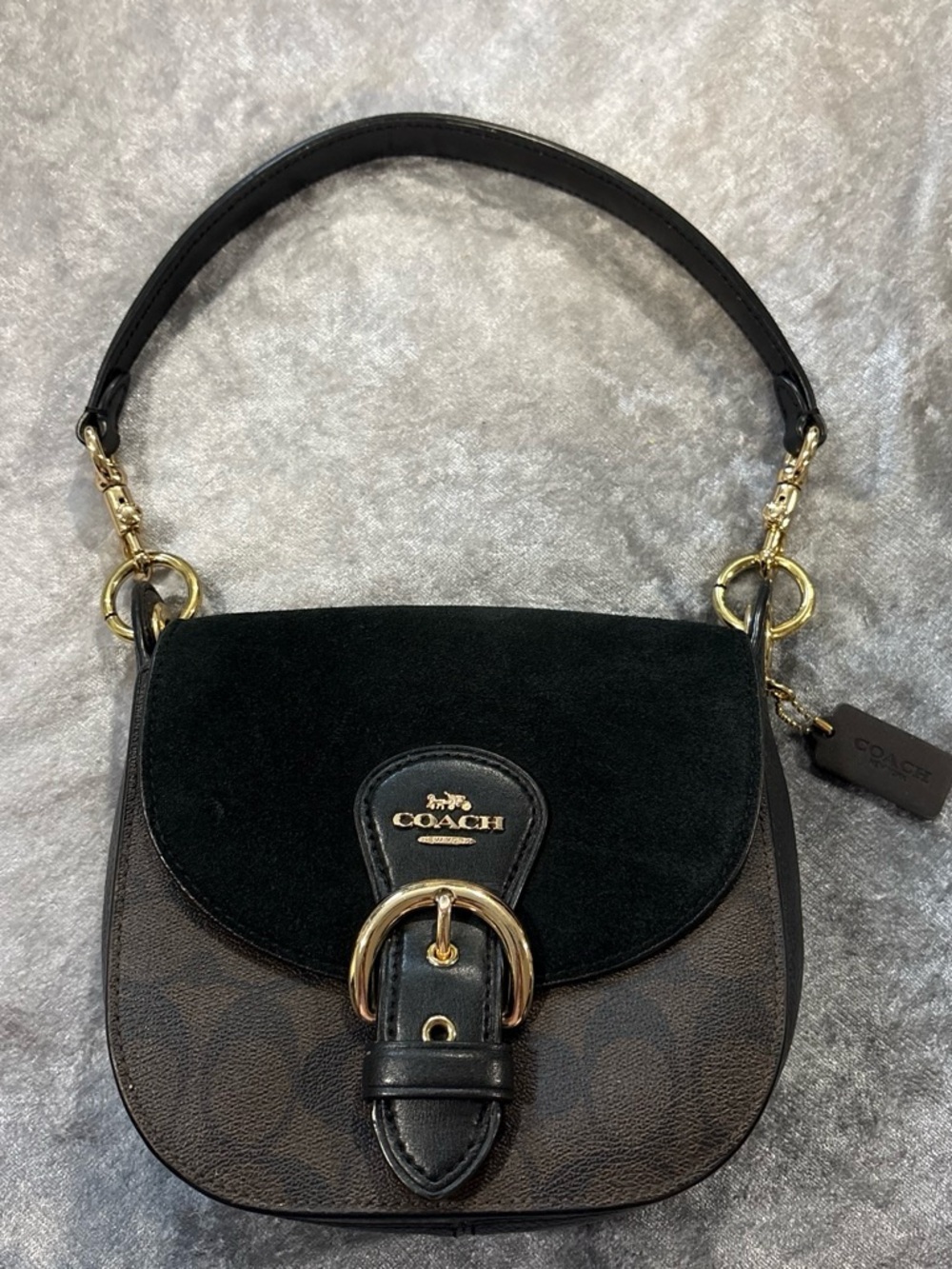 Coach Kleo 17 Black Suede and Brown Signature Leather Shoulder Bag